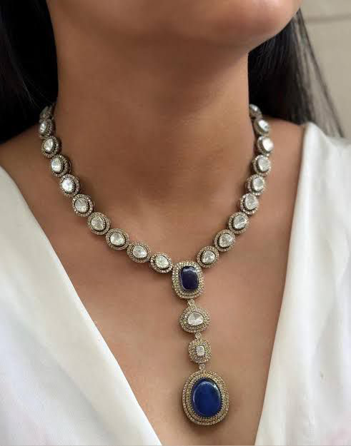 Punjabi Silver Plated Polki Necklace Set For Wedding