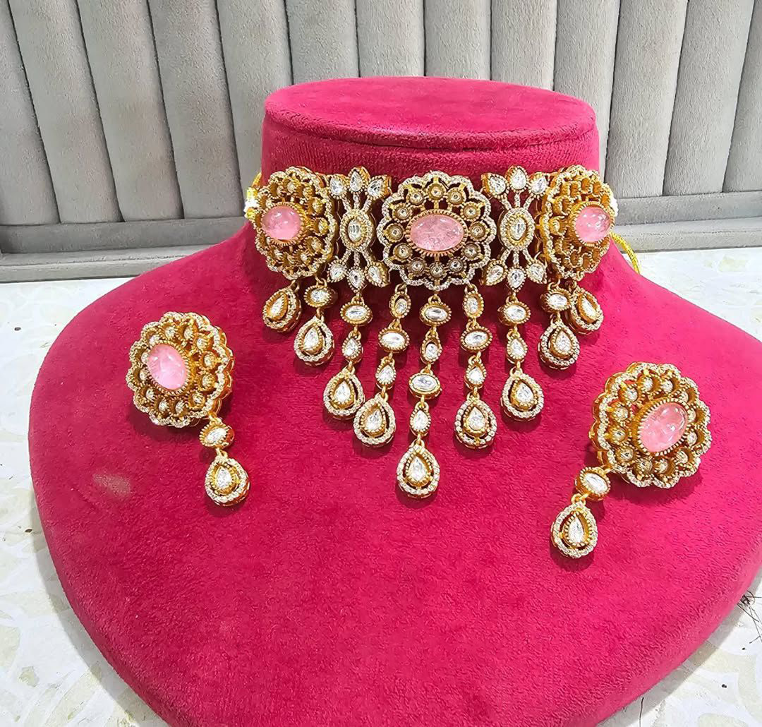 Traditional Gold Plated Polki Work Festive Choker Earrings Set For Women