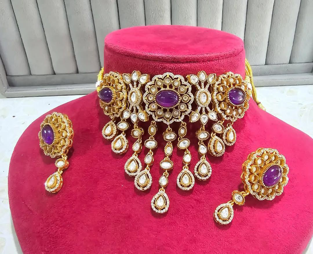 Traditional Gold Plated Polki Work Festive Choker Earrings Set For Women