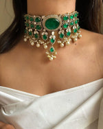 Bollywood Design Green Oval Shaped Polki Necklace Earrings For Wedding