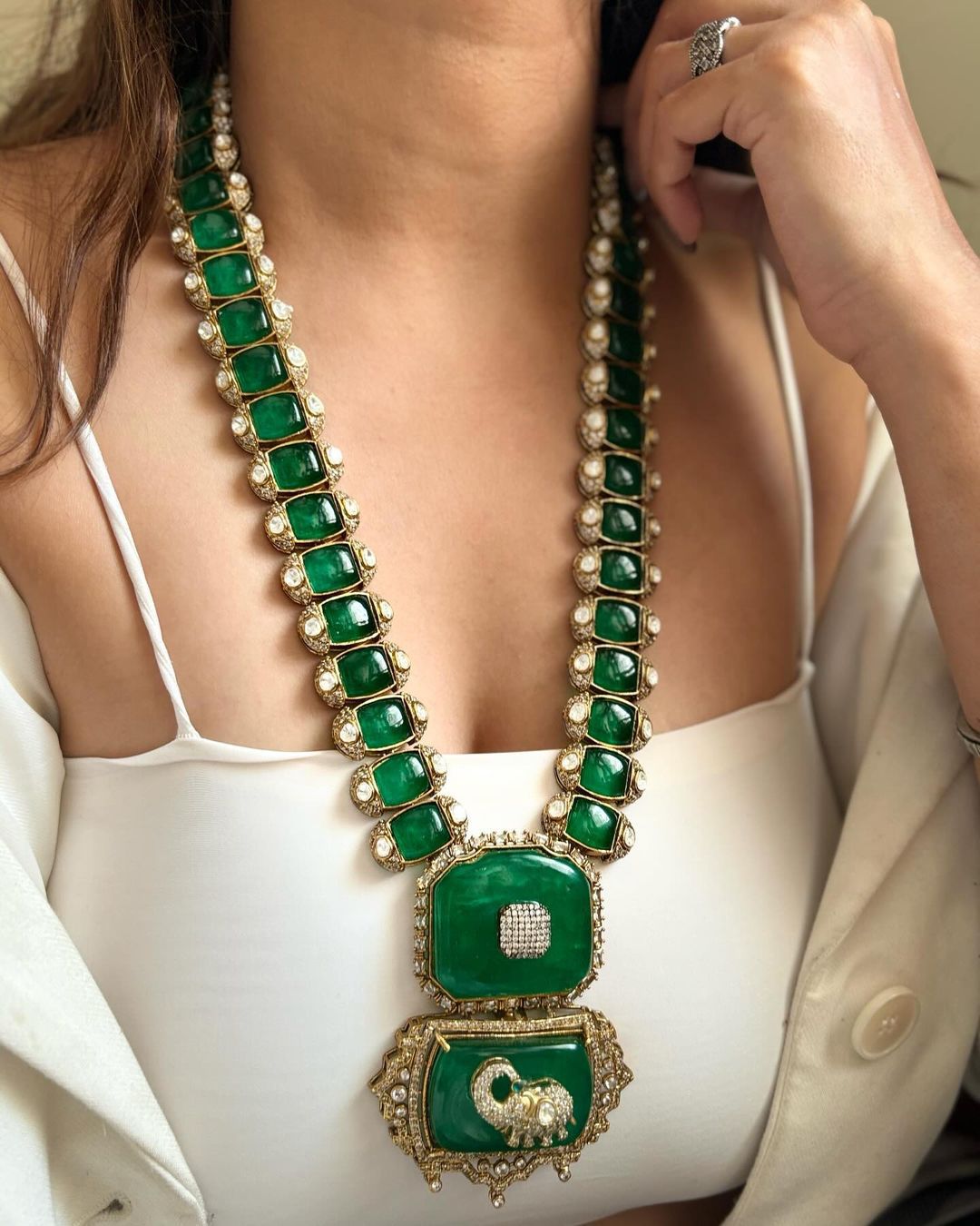 Celebrities Inspired Elephant Design Polki Necklace Earrings Set For Wedding