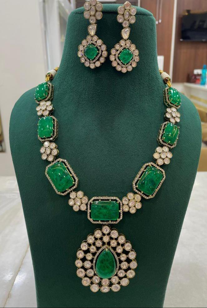 Indian Square Flower Design Polki Kundan Necklace Earrings Set For Women