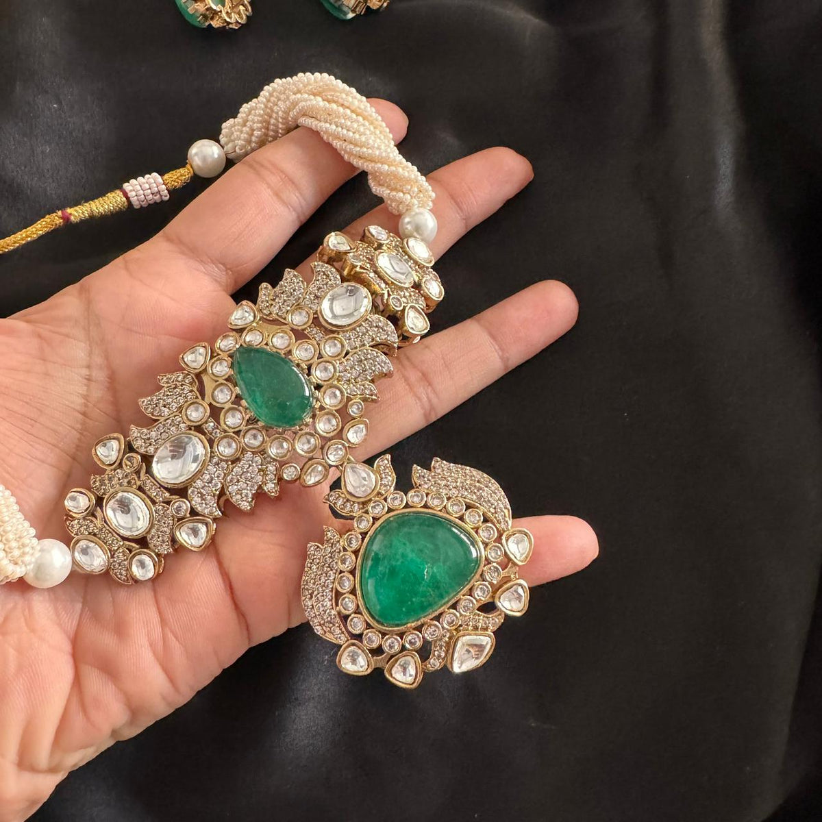 Punjabi Green Traditional Polki Kundan Necklace Set For Wedding