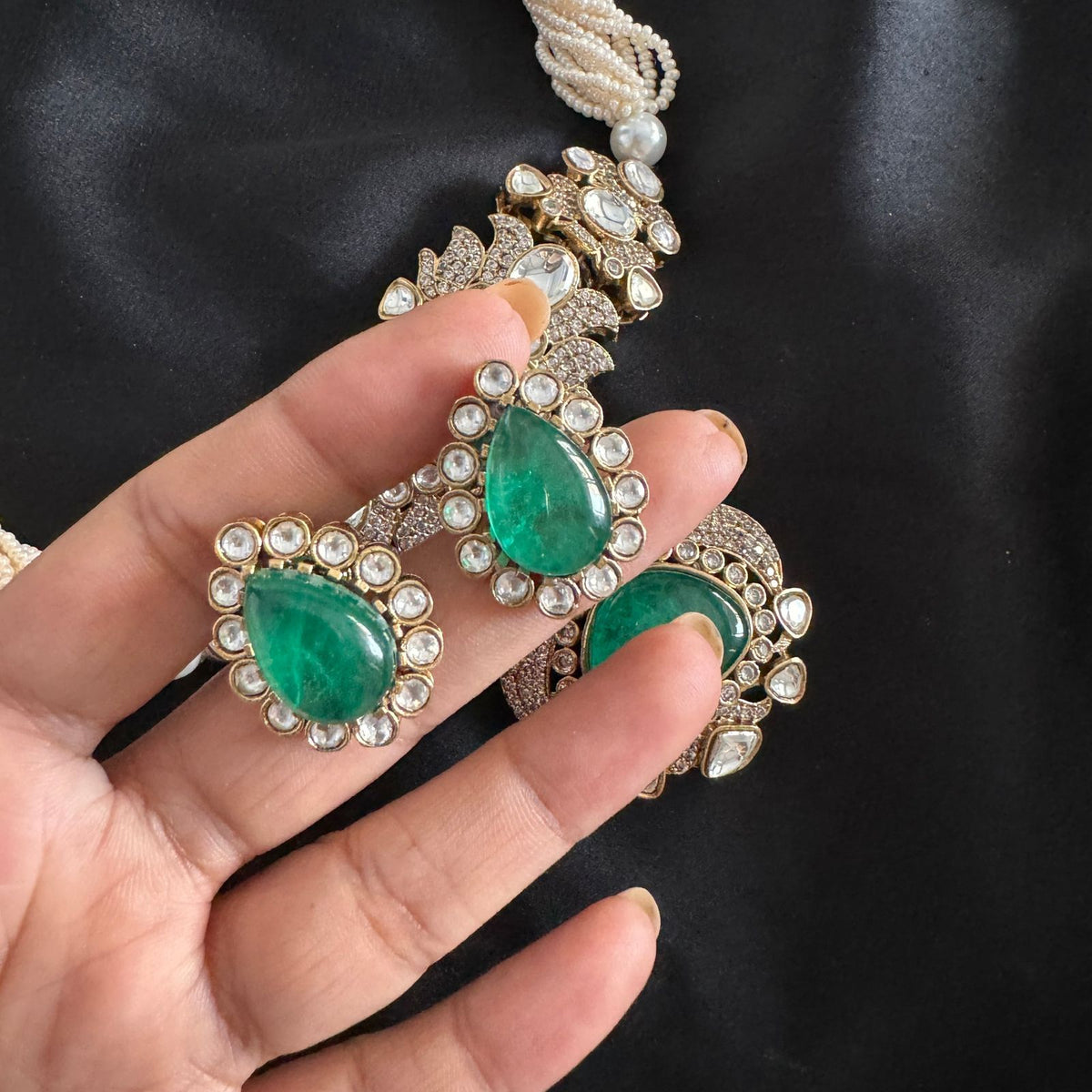 Punjabi Green Traditional Polki Kundan Necklace Set For Wedding