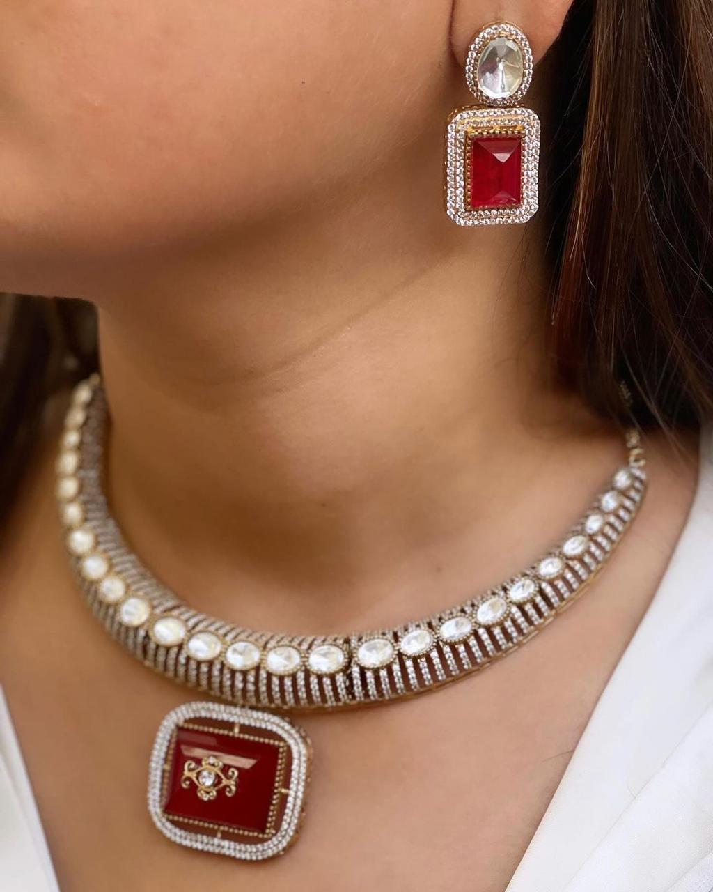 Pakistani Gold Plated Polki Choker Earrings Set For Women