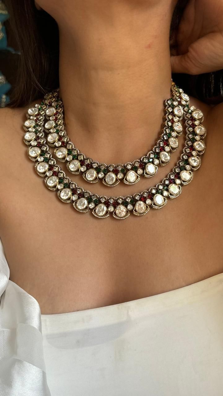 Double Layer Polki White Choker Earrings Set For Wedding