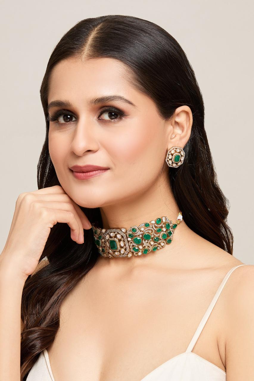 Green Bollywood Inspired Polki Kundan Choker Earrings Set | Kundan Jewelry | Indian Jewelry | Pakistani Necklace Set | Traditional Jewelry