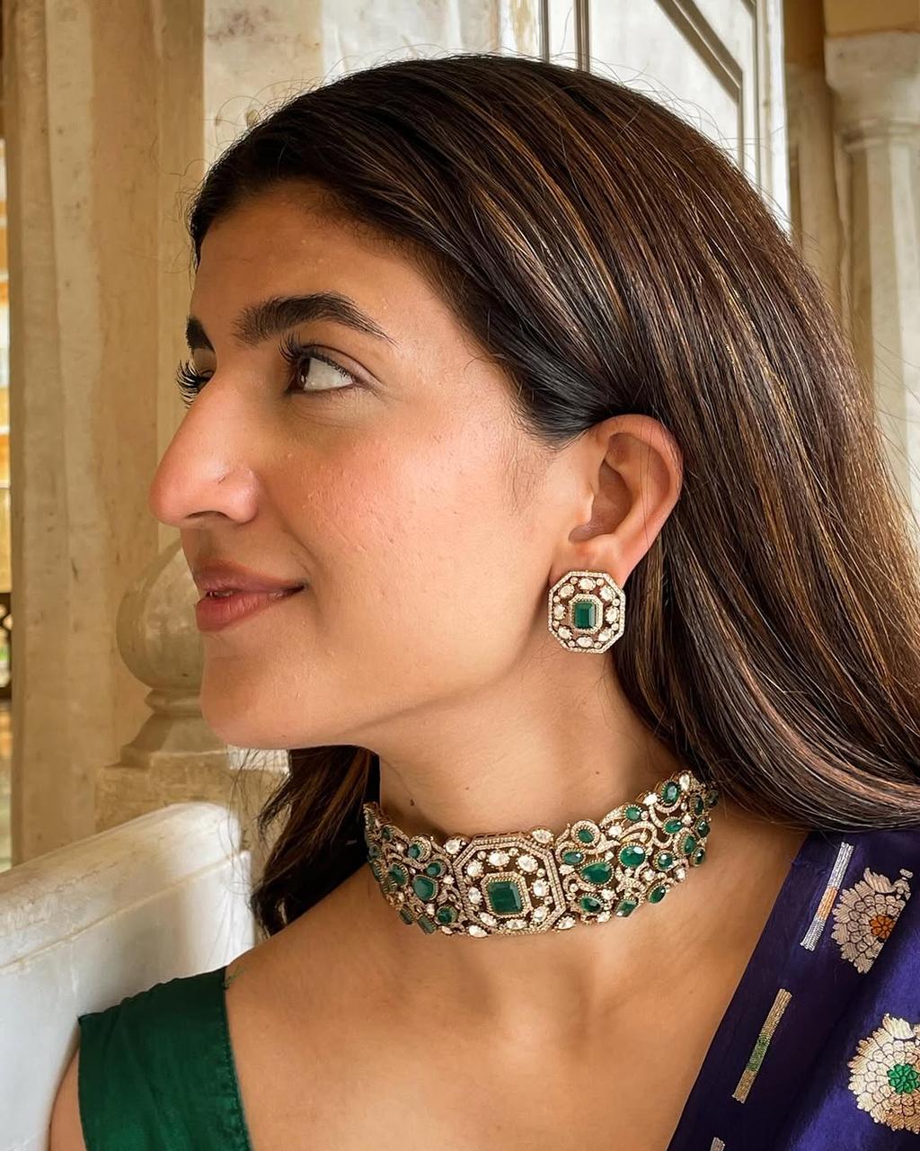 Green Bollywood Inspired Polki Kundan Choker Earrings Set | Kundan Jewelry | Indian Jewelry | Pakistani Necklace Set | Traditional Jewelry