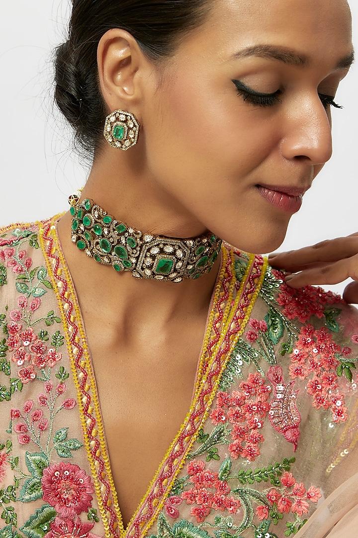 Green Bollywood Inspired Polki Kundan Choker Earrings Set | Kundan Jewelry | Indian Jewelry | Pakistani Necklace Set | Traditional Jewelry