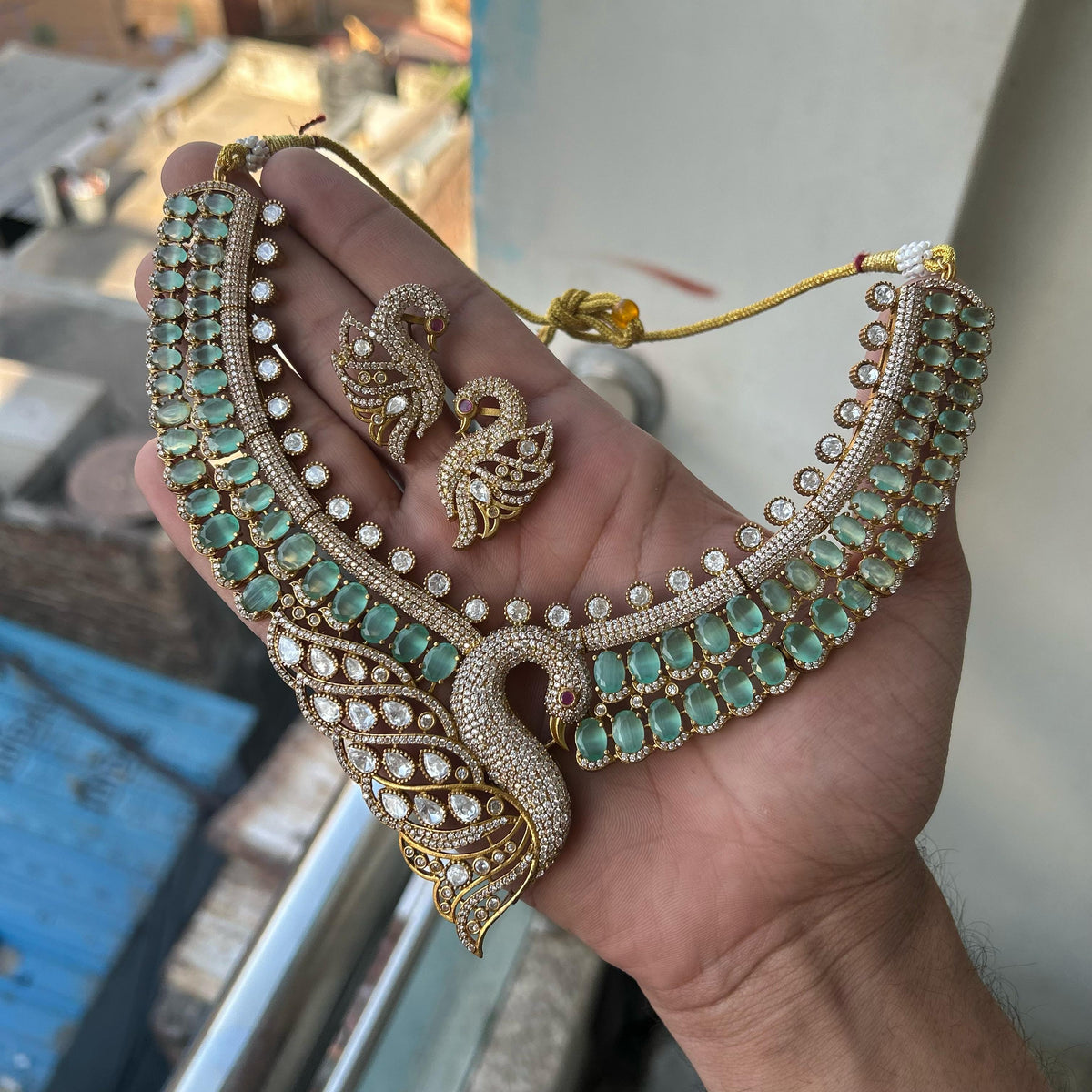 Jaipuri Pale Green Peacock Design Kundan Polki Choker Earrings Set | Kundan Jewelry | Indian Jewelry | Pakistani Necklace Set | Traditional Jewelry