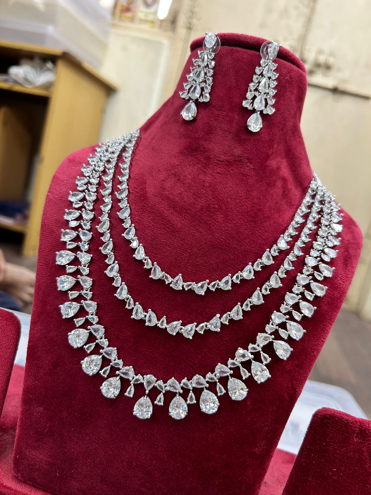 Multi Layer Pink CZ Sapphire Necklace Chandelier Earrings Set | Kundan Jewelry | AD Jewelry | Indian Jewelry | Traditional Jewelry