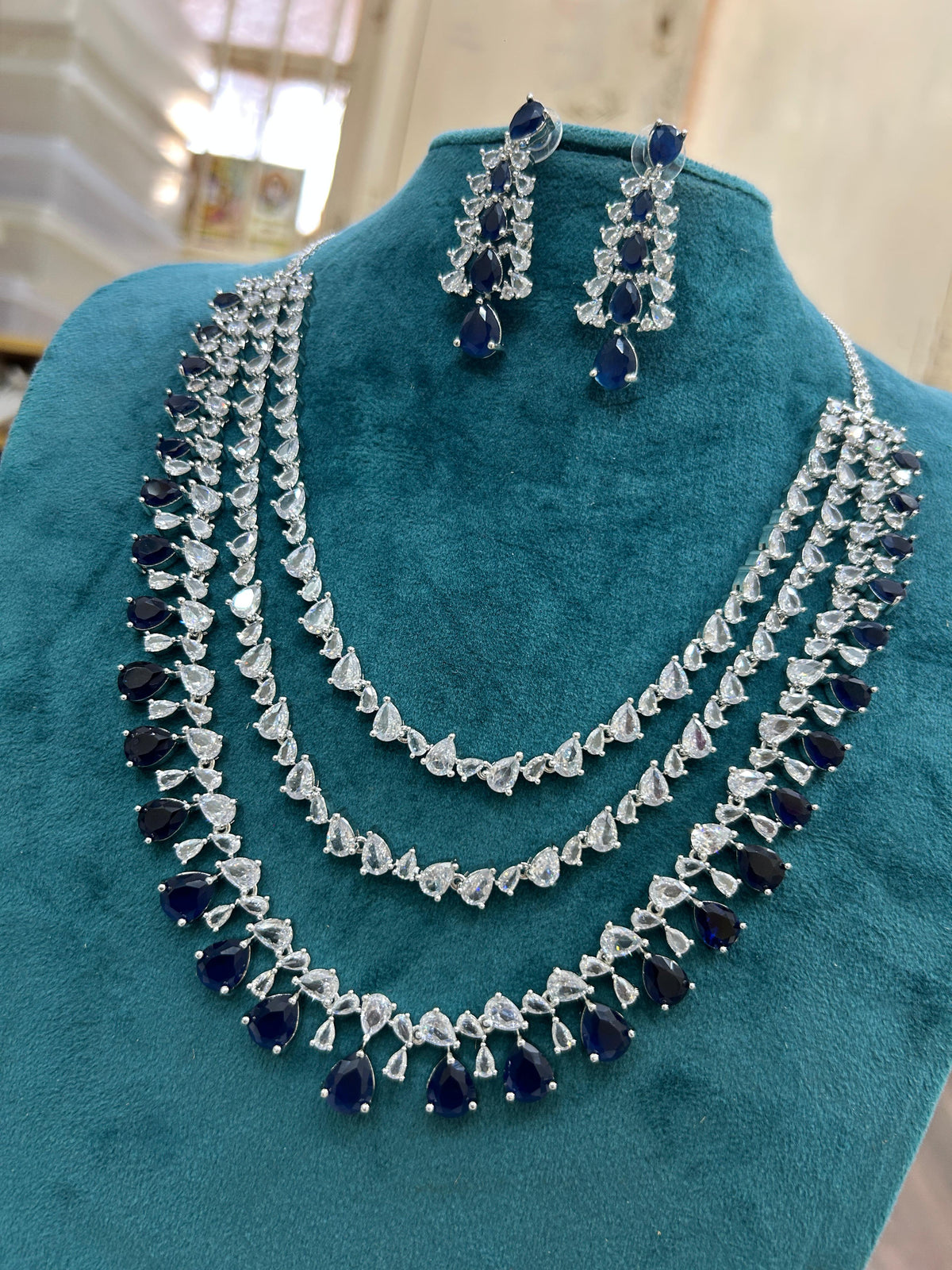 Multi Layer Pink CZ Sapphire Necklace Chandelier Earrings Set | Kundan Jewelry | AD Jewelry | Indian Jewelry | Traditional Jewelry