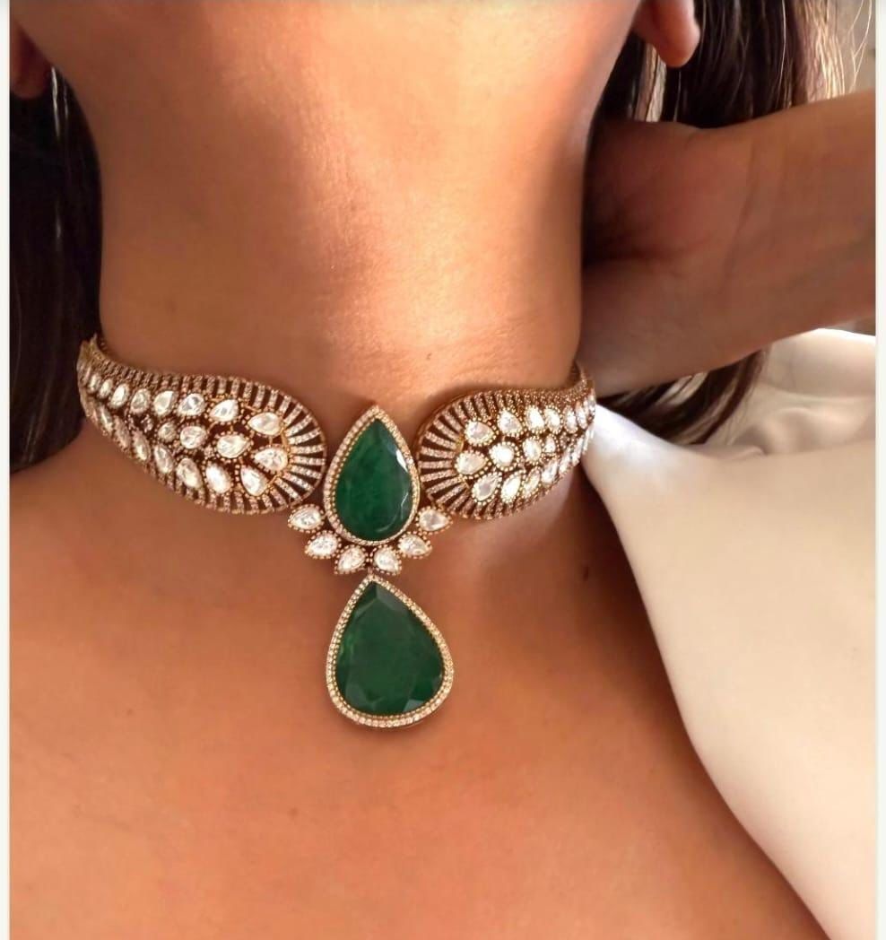 Dazzling Moissanite With Doublet Stone Kundan Choker Set - Jaipuri Polki Kundan Choker Set Indian Jewelry