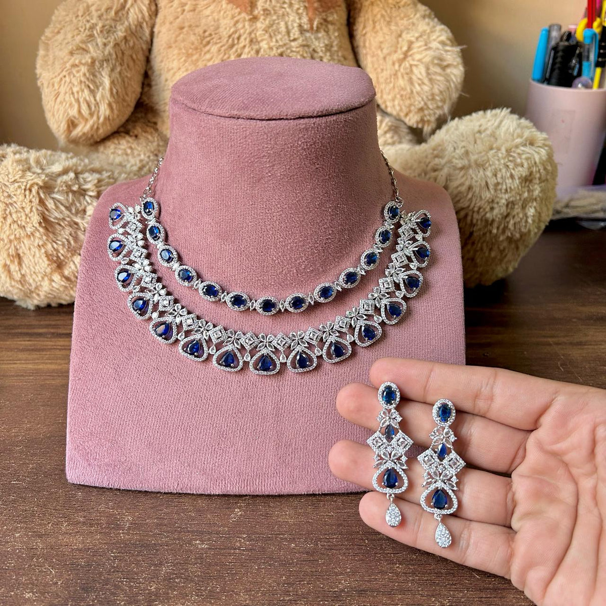 Traditional Double Layered AD Choker Earrings Set - Silver Finish CZ Choker Earrings Set