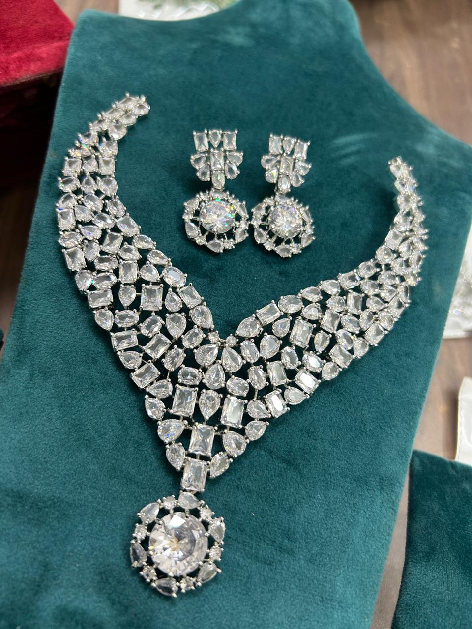 Bridal Wedding Silver Plated CZ AD Beaded Choker Earring Indian Jewelry Set