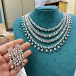 Indian Multi Layered Silver Tone AD CZ Necklace Earring Set For Wedding