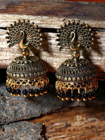 Dancing Peacock Style Maroon & Gold-Plated Enamelled Dome Shape Jhumka Jhumki Earrings for Women - Libasaa