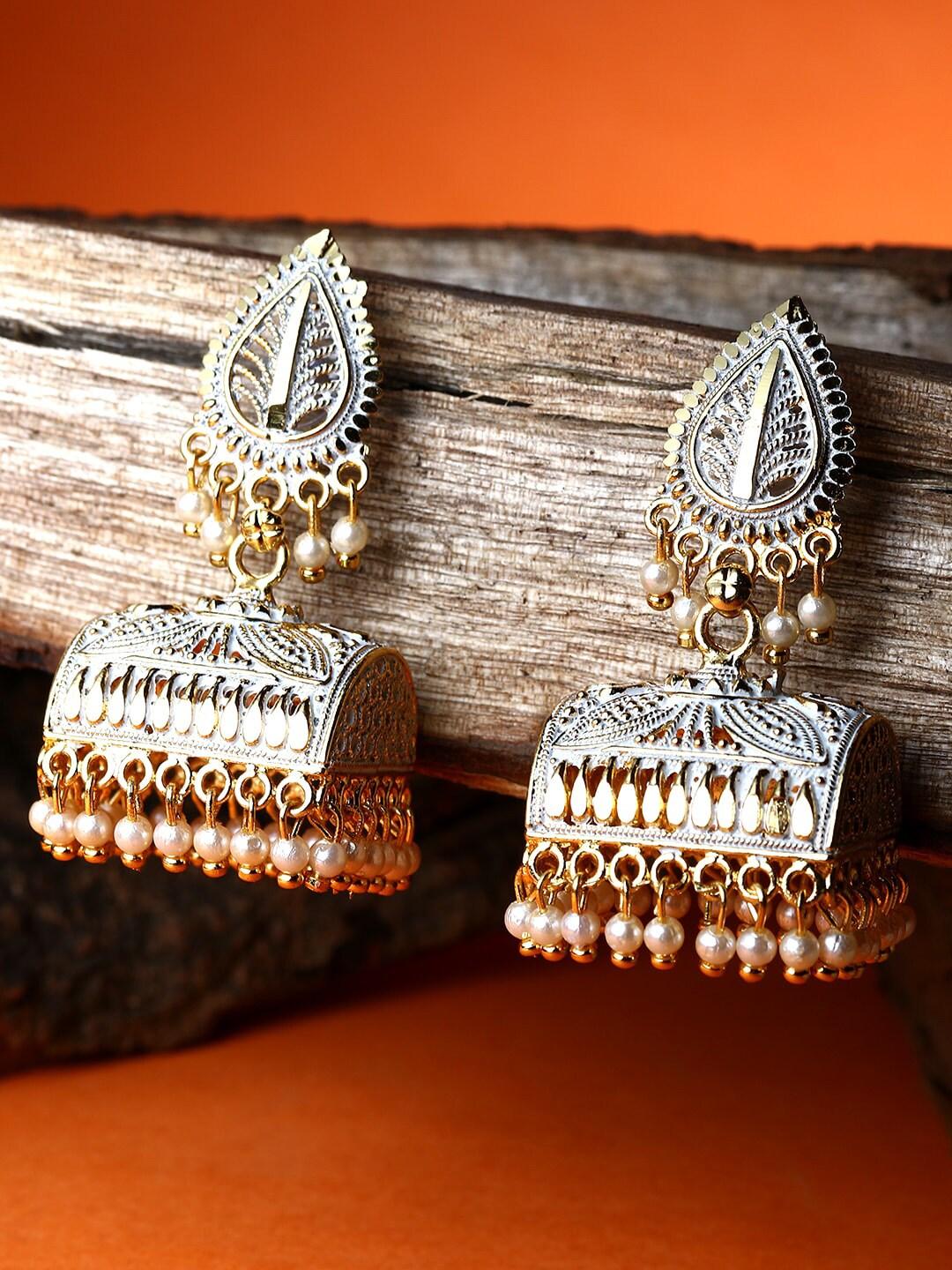 Square Shape Classic Designed Gold Plate Jhumka Earrings For Women And Girls , White Beads Jhumki Earring - Libasaa