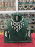 Bridal Americam Diamond Flower Design Choker Earring Maangtikka Set - CZ Indian Floral Choker Set