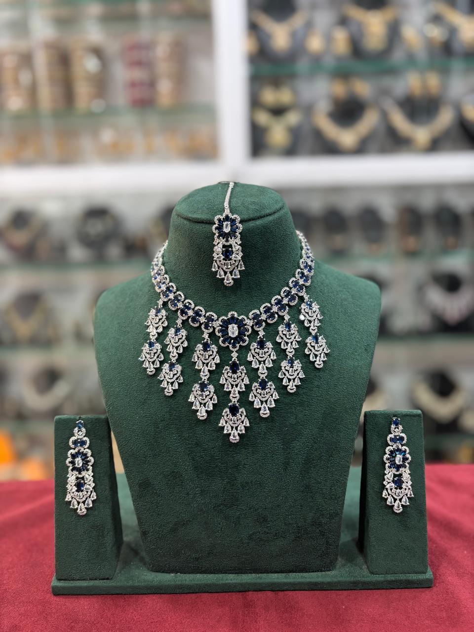 Bridal Americam Diamond Flower Design Choker Earring Maangtikka Set - CZ Indian Floral Choker Set