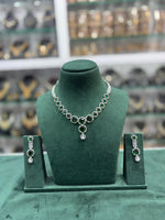 Green Silver Finish Cubic Zirconia Studd Necklace Earrings Set - Indian AD Silver Toned Necklace Set