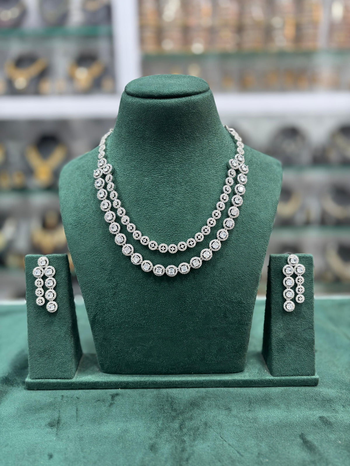 Indian Silver Toned Double Layered AD Choker Earrings Set - Silver CZ Necklace Earrings Indian Jewelry