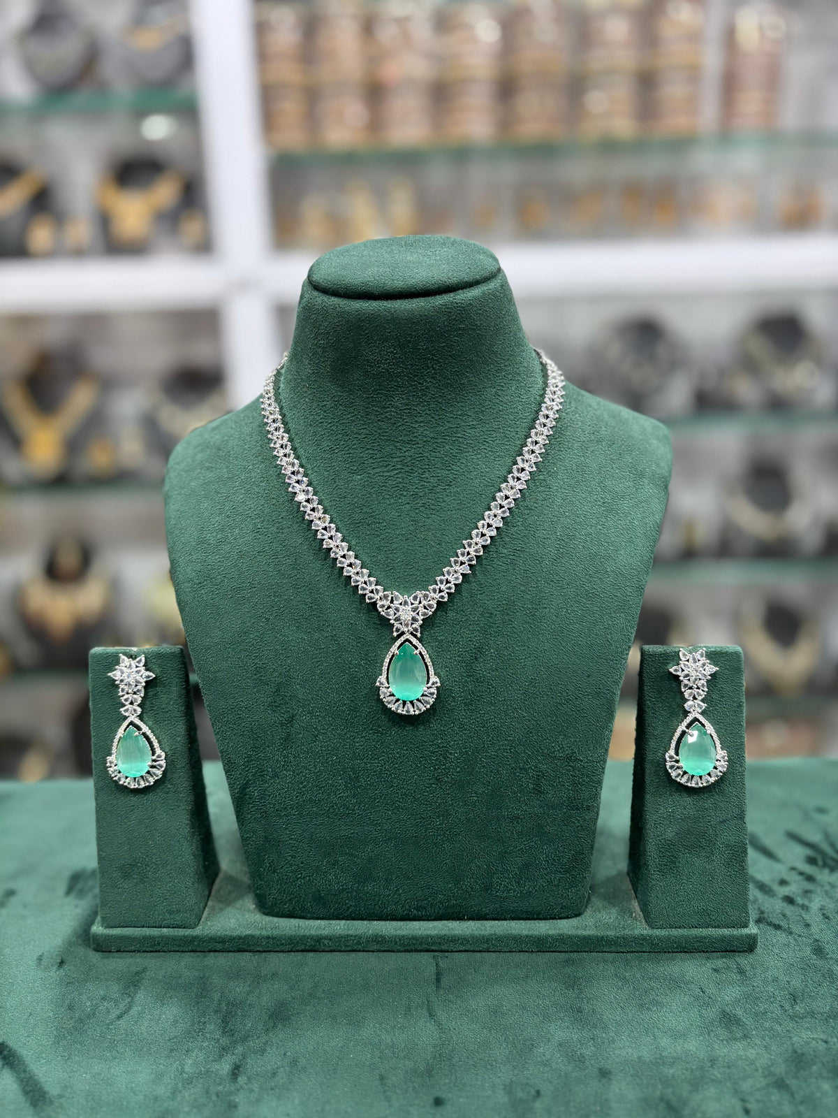 Pale Green Silver Tone American Diamond Necklace Earrings Set - AD Floral Necklace Set