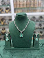 Pale Green Silver Tone American Diamond Necklace Earrings Set - AD Floral Necklace Set