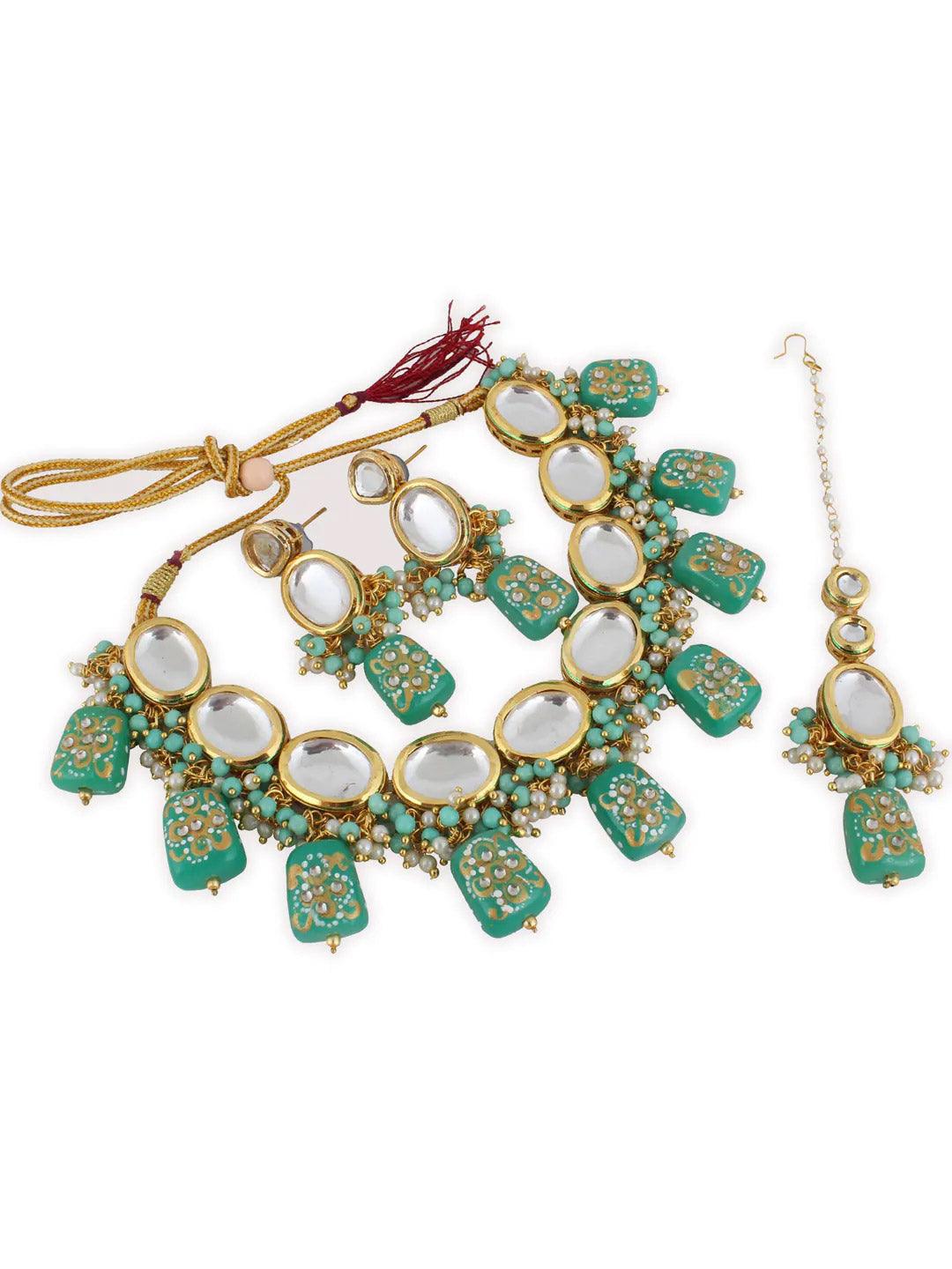Gold Plated Green Kundan Studded Jewellery Set - Libasaa