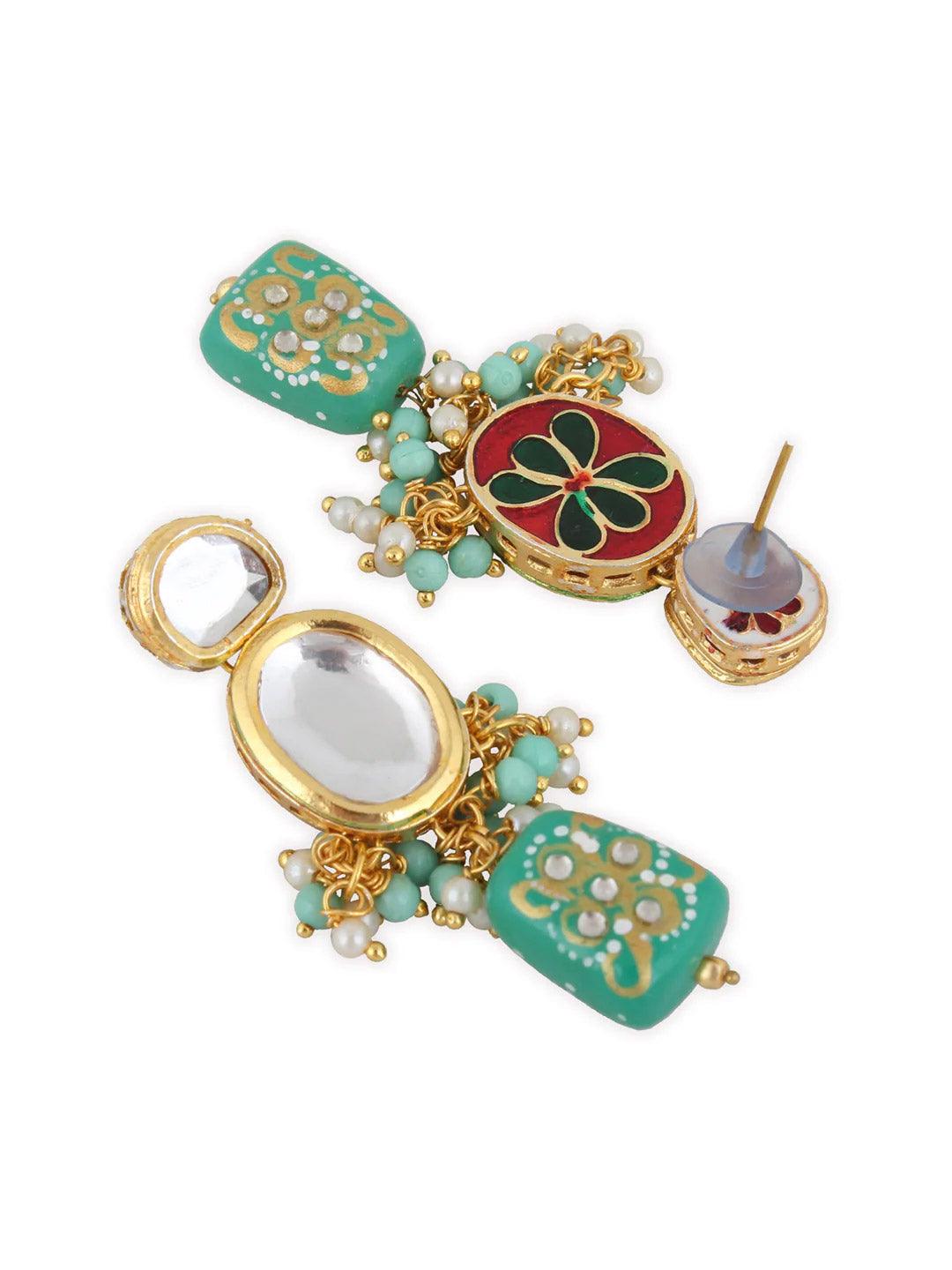Gold Plated Green Kundan Studded Jewellery Set - Libasaa