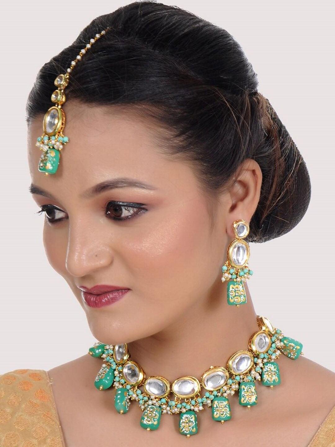 Gold Plated Green Kundan Studded Jewellery Set - Libasaa