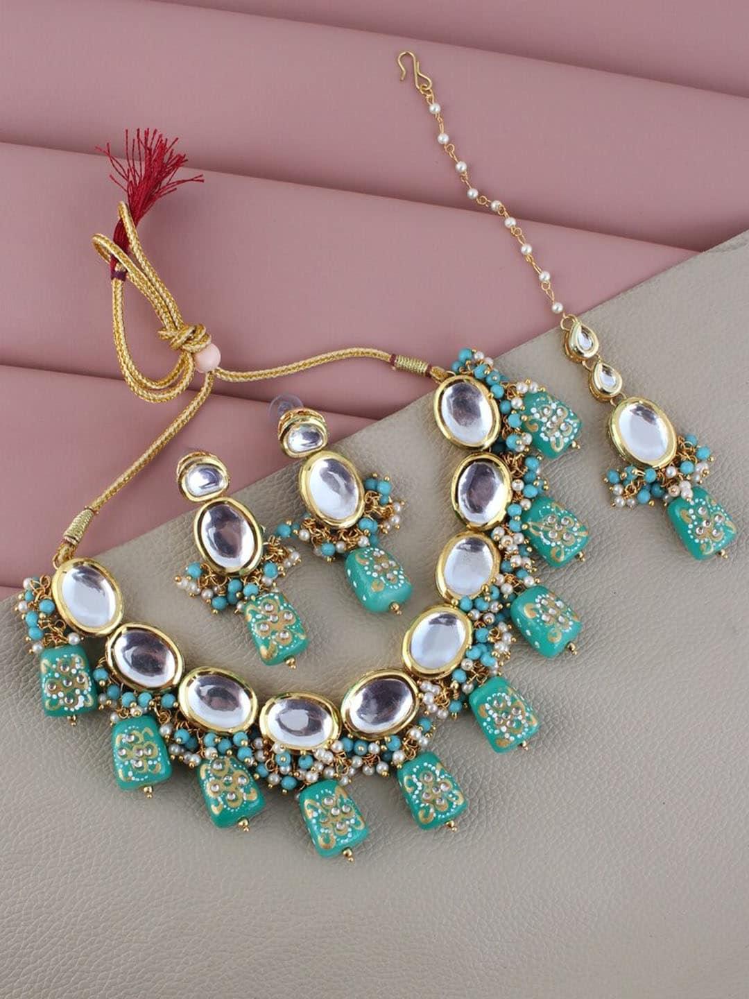 Gold Plated Green Kundan Studded Jewellery Set - Libasaa