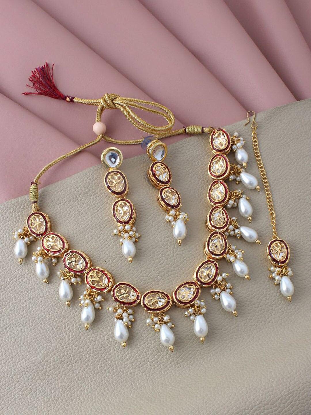 Gold Plated White Kundan Studded Jewellery Set - Libasaa