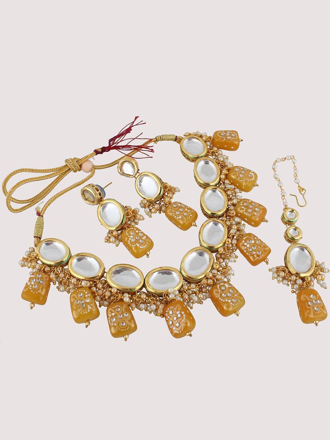 White & Yellow Gold-plated Kundan-Studded & Beaded Jewellery Set - Libasaa
