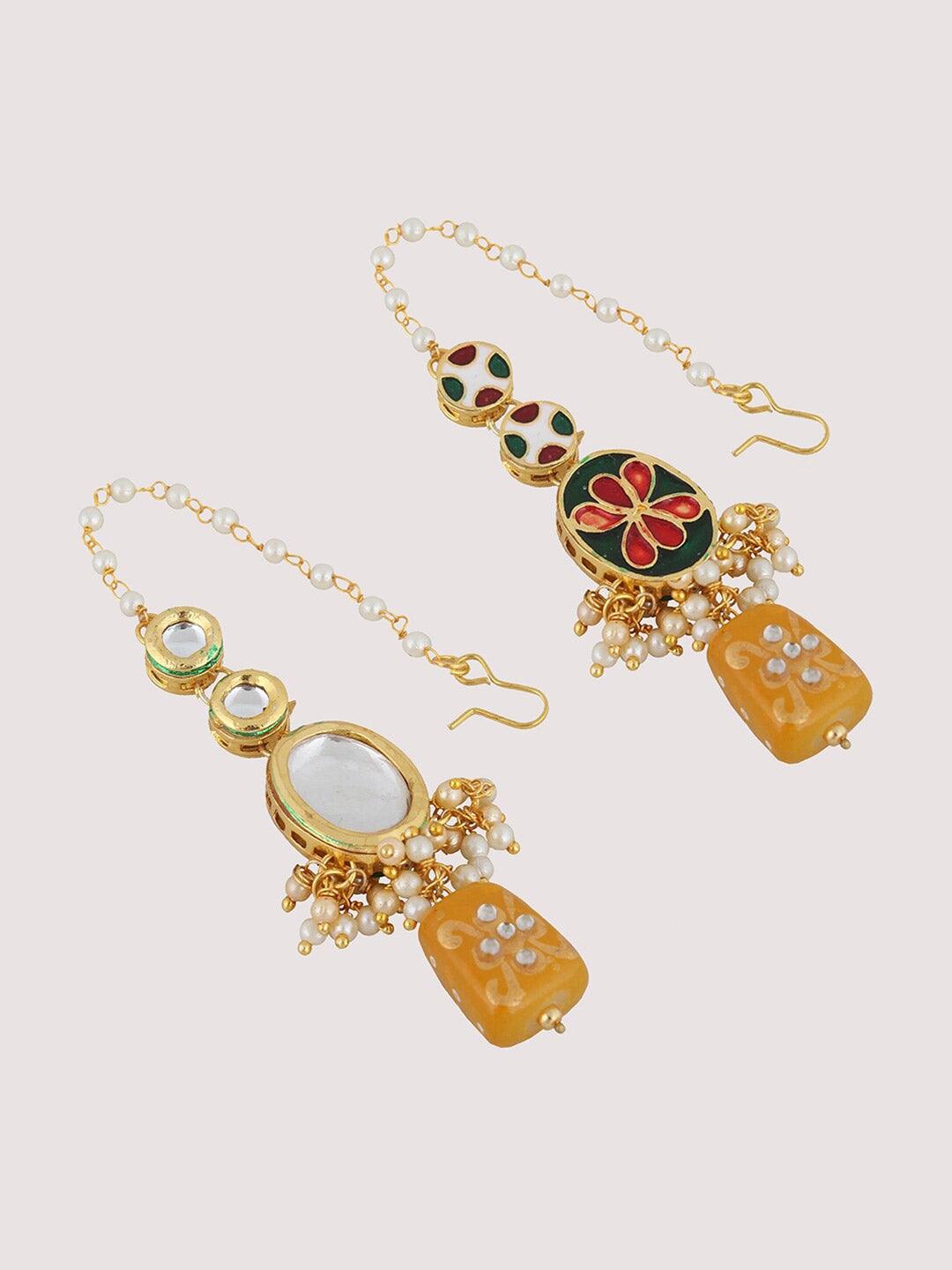 White & Yellow Gold-plated Kundan-Studded & Beaded Jewellery Set - Libasaa