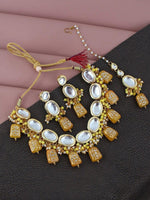 White & Yellow Gold-plated Kundan-Studded & Beaded Jewellery Set - Libasaa