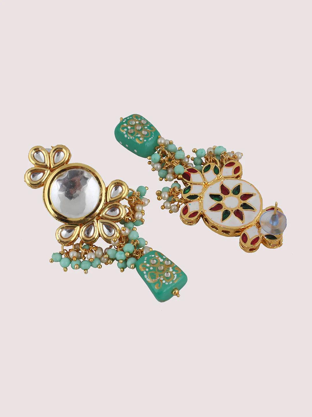 White & Green Gold-plated Kundan-Studded & Beaded Jewellery Set - Libasaa