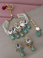 White & Green Gold-plated Kundan-Studded & Beaded Jewellery Set - Libasaa