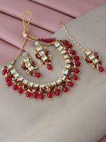 White & Maroon Gold-Plated Kundan-Studded & Beaded Jewellery Set - Libasaa