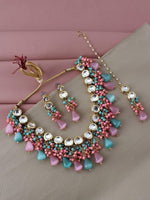 Multicoloured 18K Gold-Plated Kundan-Studded & Pearl Beaded Jewellery Set - Libasaa