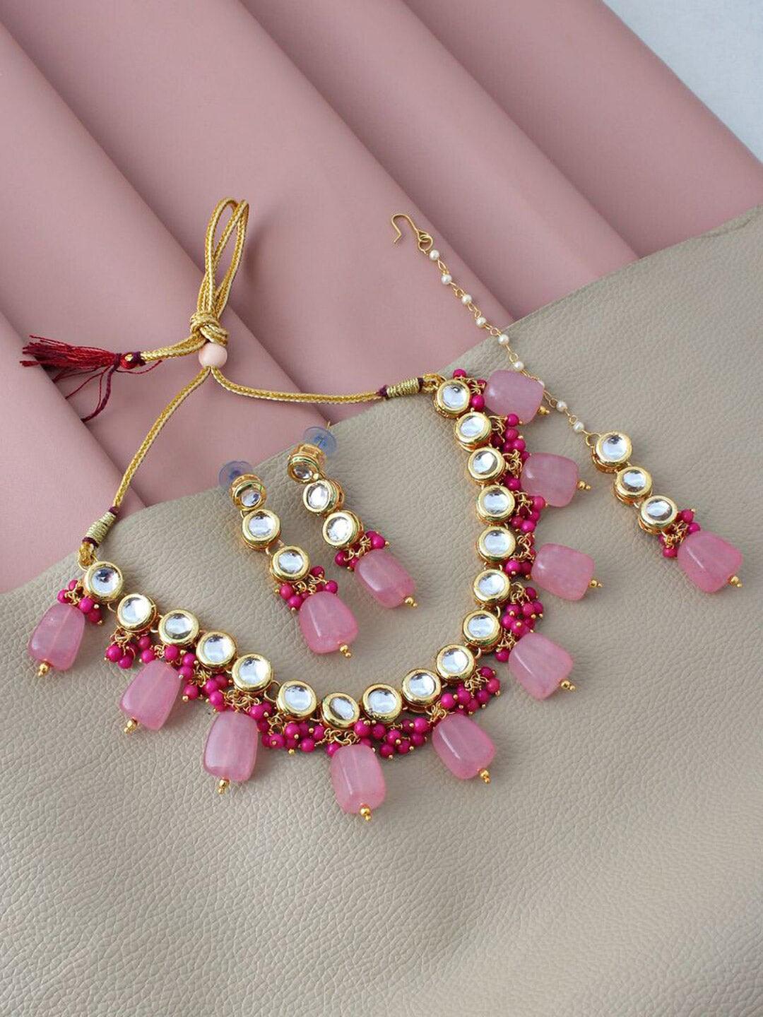 White & Pink Gold-Plated Kundan-Studded & Beaded Jewellery Set - Libasaa