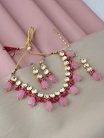 White & Pink Gold-Plated Kundan-Studded & Beaded Jewellery Set - Libasaa