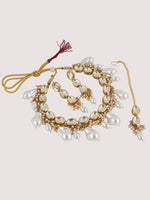 White 18k Gold Plated Kundan-Studded & Beaded Jewellery Set - Libasaa