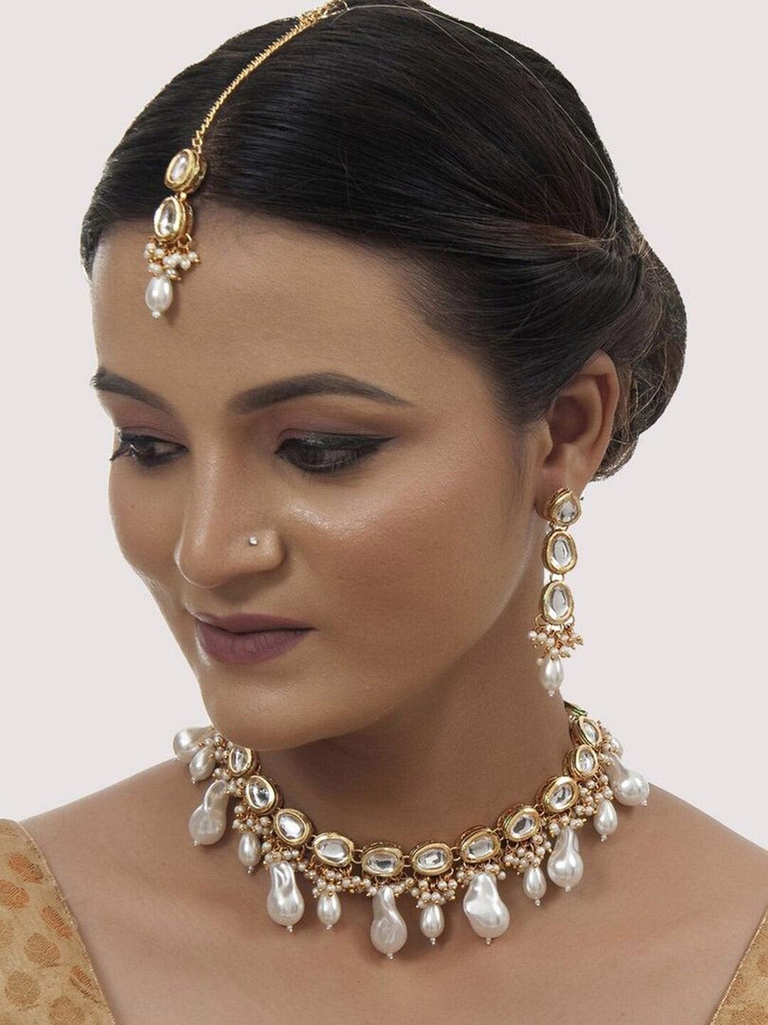 White 18k Gold Plated Kundan-Studded & Beaded Jewellery Set - Libasaa