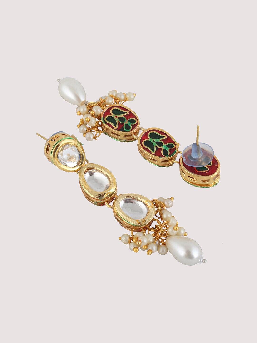 White 18k Gold Plated Kundan-Studded & Beaded Jewellery Set - Libasaa