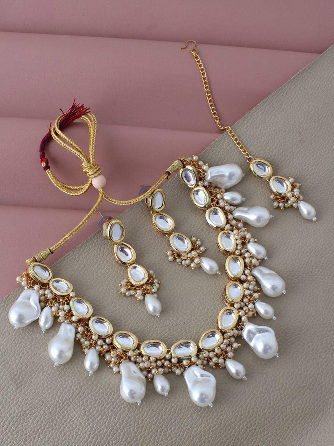 White 18k Gold Plated Kundan-Studded & Beaded Jewellery Set - Libasaa