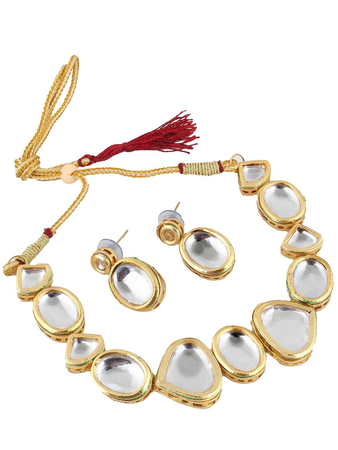 White 18k Gold Plated Kundan-Studded & Beaded Jewellery Set - Libasaa