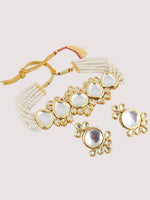 White Gold-Plated Kundan-Studded & Beaded Jewellery Set - Libasaa
