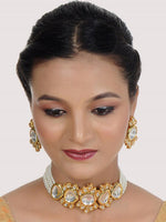 White Gold-Plated Kundan-Studded & Beaded Jewellery Set - Libasaa