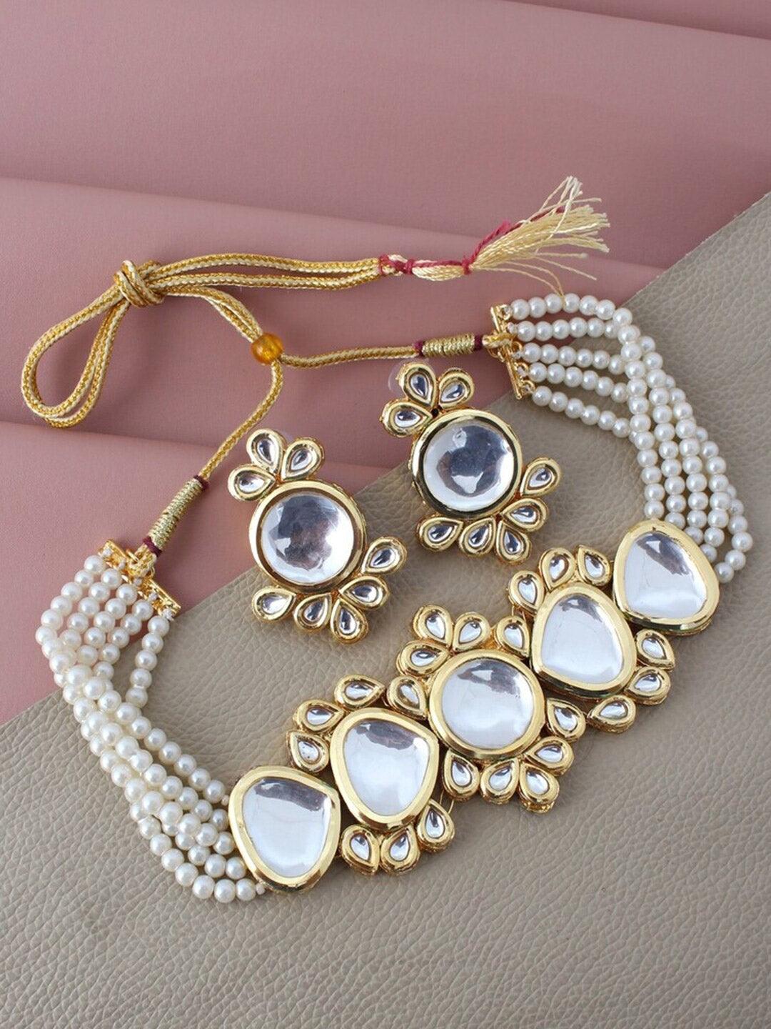 White Gold-Plated Kundan-Studded & Beaded Jewellery Set - Libasaa